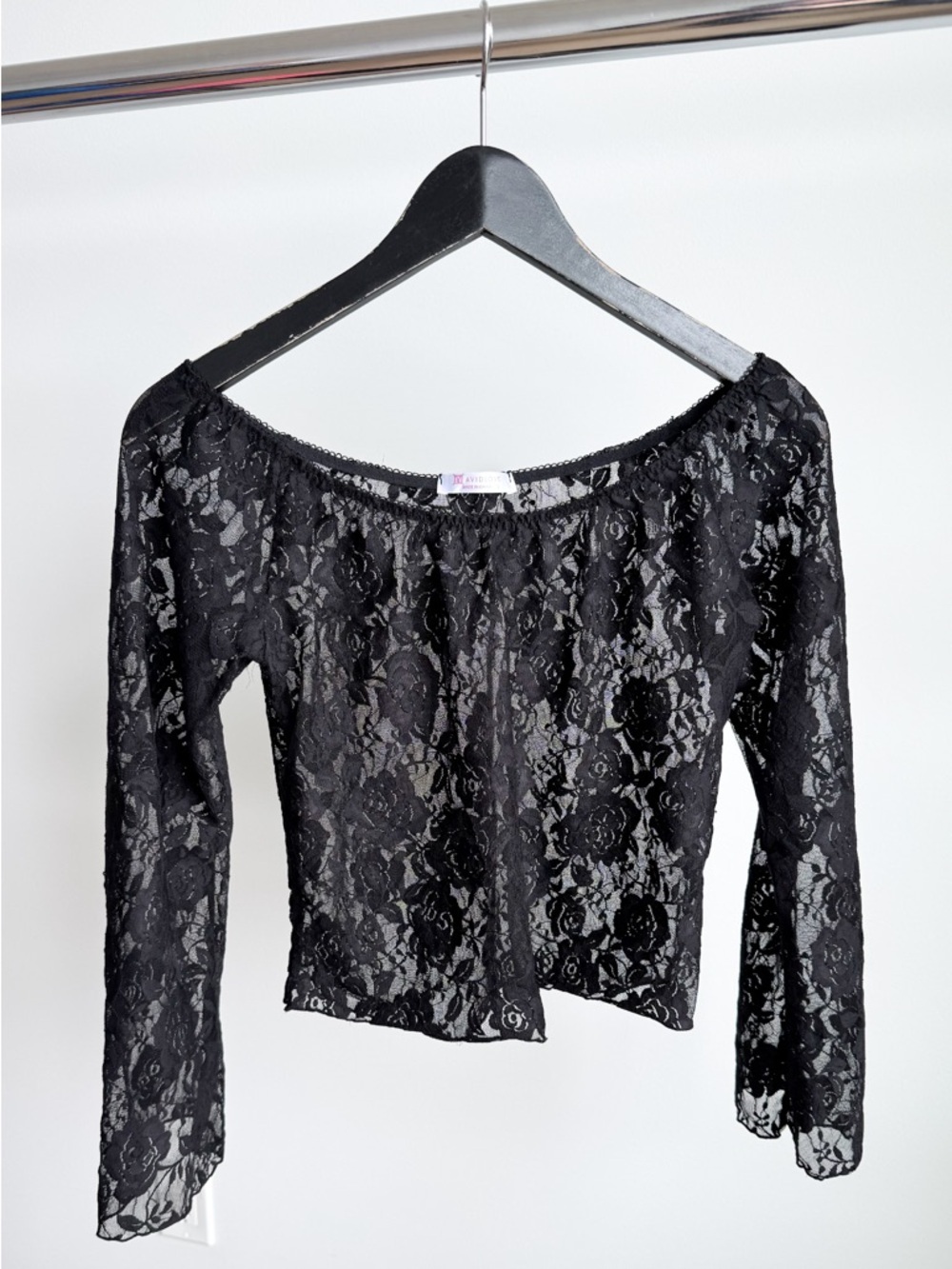 Lace Crop Top Black Off the Shoulder Bell Sleeve 17x17.25 Coquette